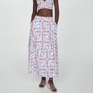 Mango Red and Blue Floral Midi Skirt/NWT/M